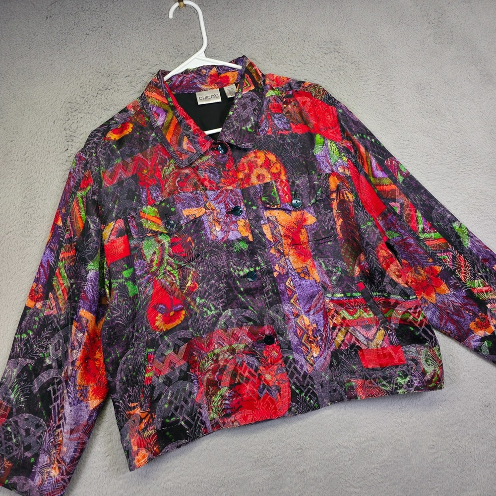 Chicos Jacket Womens 2 L 12 Silk Linen Art to Wear‎ Abstract Patchwork Statement